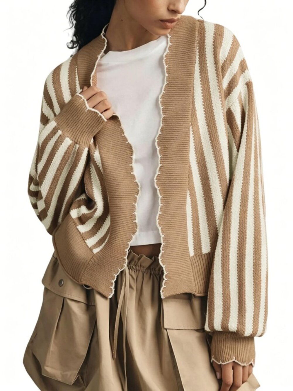 Women Striped Knit Cardigan Ruffle Open Front Sweater